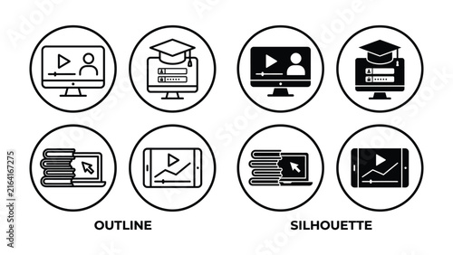 Online Learning Icons Set: A collection of digital icons representing online courses, webinars, and e-learning platforms, showcasing educational content delivery through various devices.