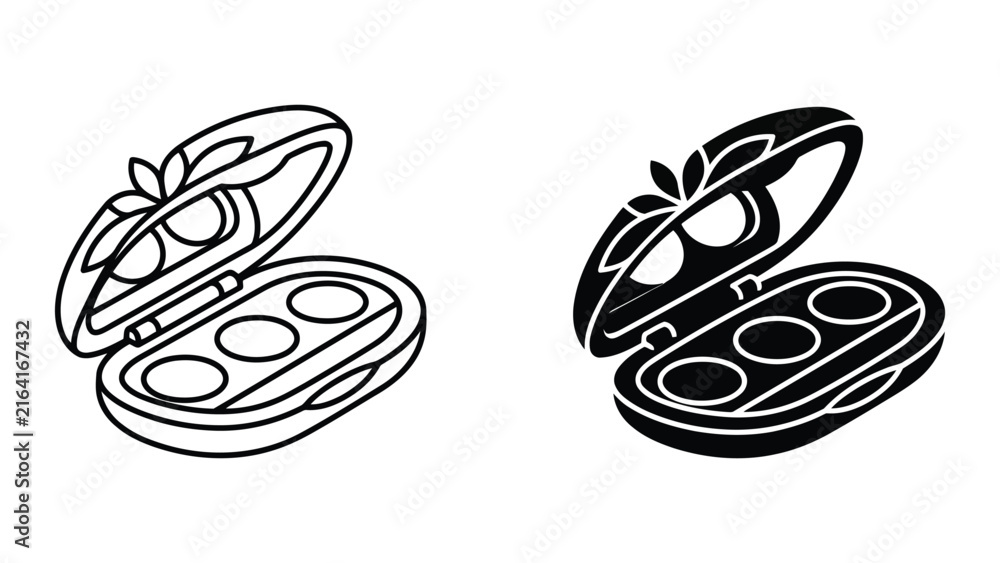 Obraz premium Open cosmetic compact eyeshadow palette icon outline and solid silhouette set