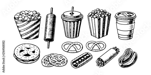 Fast Food Sketch Icons Set, Hand Drawn Doodle Illustration