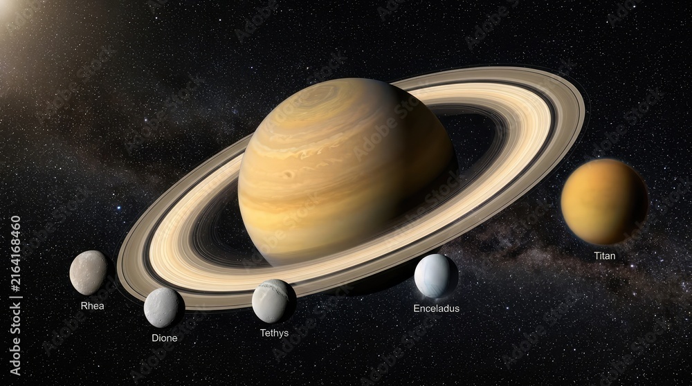 Naklejka premium Saturn and its Moons: A cosmic display showcasing the majestic planet Saturn, its iconic rings, and several of its prominent moons in the vast expanse of outer space.