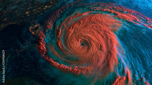 Colorized satellite image of hurricane over coastline, extreme weather radar map, tropical cyclone eye, meteorology and climate conceptweather visualization of a powerful hurricane
