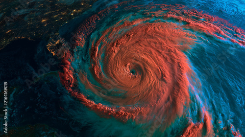 Colorized satellite image of hurricane over coastline, extreme weather radar map, tropical cyclone eye, meteorology and climate conceptweather visualization of a powerful hurricane