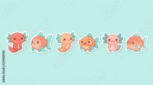 Cute Kawaii Axolotl and Fish Sticker Characters on Teal Background