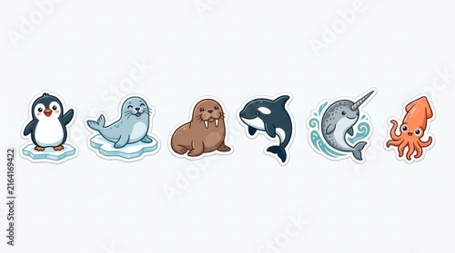 Set of Cute Arctic and Marine Animal Stickers Illustration