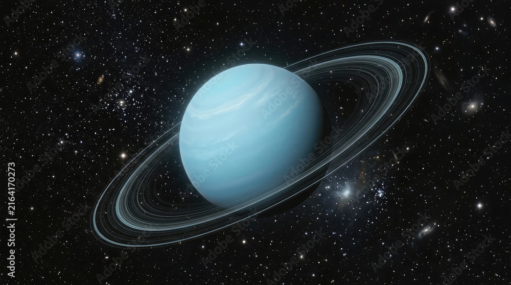 Fototapeta premium Uranus's Ringed Majesty: A breathtaking depiction of the ice giant Uranus, showcasing its prominent ring system against the backdrop of a star-studded cosmos.