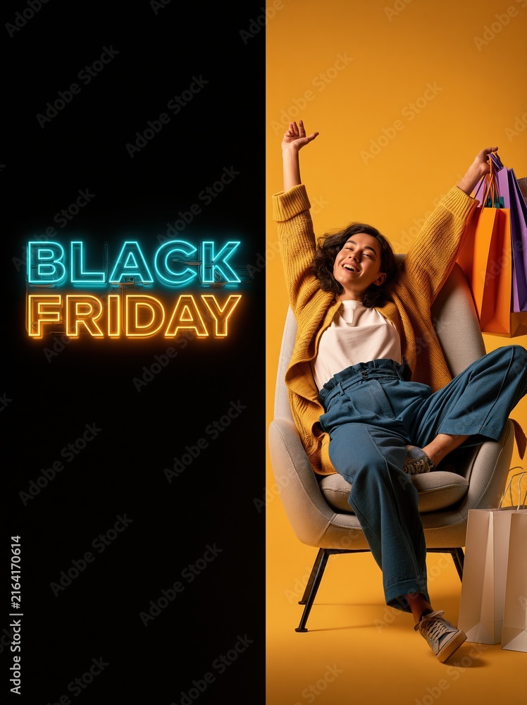 Obraz premium Happy woman with shopping bags for black friday sale