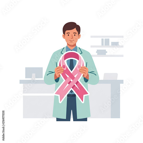 Doctor Holding Pink Ribbon Symbol for Breast Cancer Awareness in Clinic.