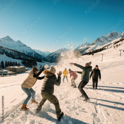 Snowball Fight at a Winter Mountain Resort