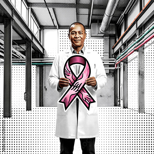 Doctor Holding Pink Ribbon Symbol for Breast Cancer Awareness in Hospital Corridor.