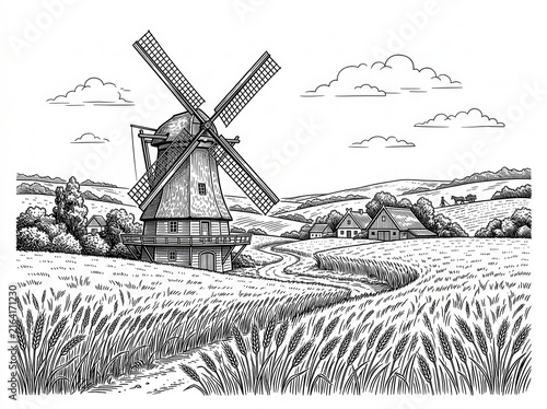Traditional windmill standing in a rural landscape
