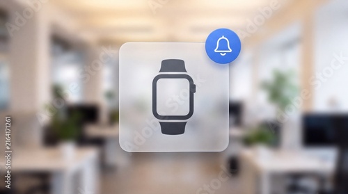 Smartwatch notification icon with blue bell symbol on a transparent glass