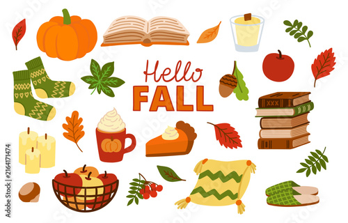 Cozy autumn set with text Hello Fall. Pumpkin, leaves, nuts, candles and other design elements for Thanksgiving. Hygge atmosphere
