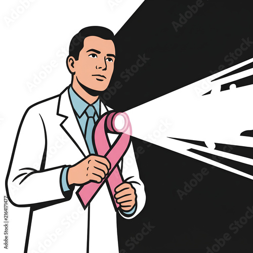 Doctor Holding Pink Ribbon Symbolizing Breast Cancer Awareness.