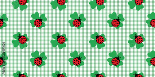 Seamless pattern with Ladybug on four leaf clover on Vichy plaid. Symbols of good luck on white backdrop