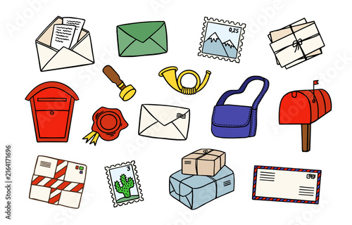 Set of cute hand-drawn postal elements, envelopes, mailboxes, stamps, packages, and postman accessories