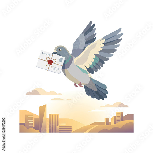 Dove Flying Over Cityscape with Letter and Envelope.