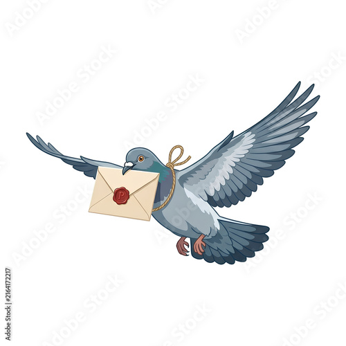 Dove Flying with Envelope and Red Seal.