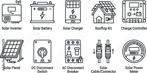 Bild auf Leinwand Solar energy equipment linear vector icon set featuring inverter battery charger