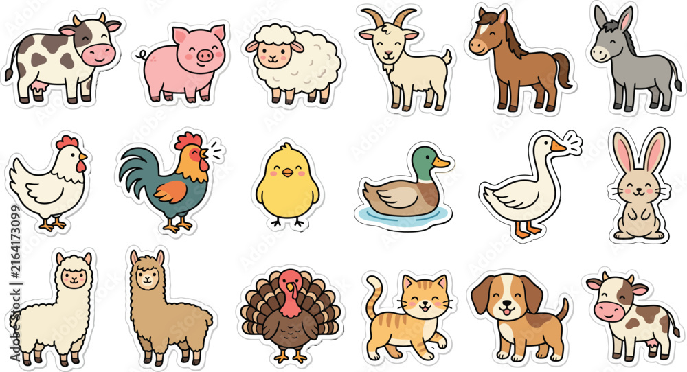 Obraz premium Cute Farm Animal Sticker Collection with Cow, Pig and Chicken
