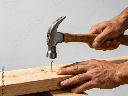 Man hammering a nail into wood plank for home renovation