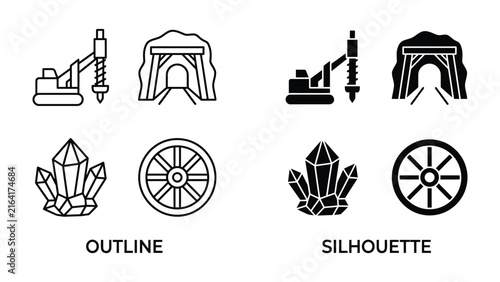 Mining Icons Set: A collection of flat icons representing mining activities, featuring a drill, mine entrance, crystal, and cart wheel, available in both outline and silhouette styles.