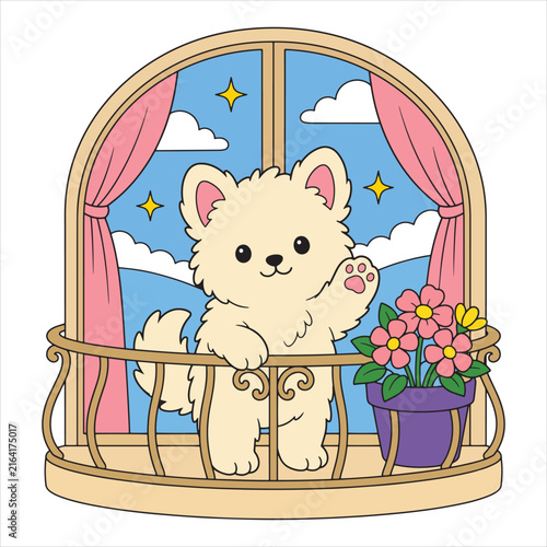 Cute White Puppy at Window with Flowers Illustration