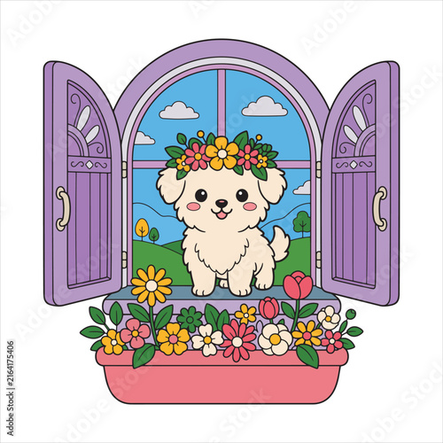 Cute Puppy Surrounded by Colorful Flowers at Window Illustration