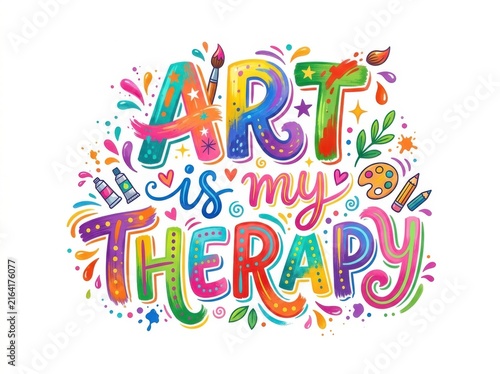 Colorful art therapy text design with brushes and paint