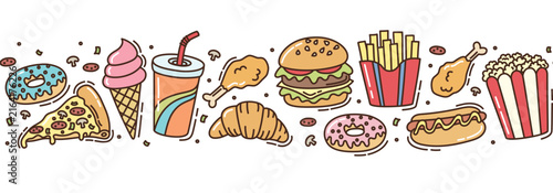 Horizontal border with colorful fast food snacks. Seamless pattern of donut, pizza slice, ice cream, drink, fried chicken, croissant, burger, french fries, hot dog and popcorn