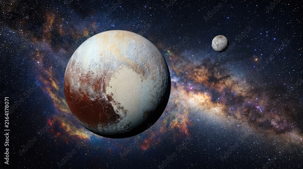 Fototapeta premium Pluto and Charon in Space: A realistic depiction of Pluto and its moon Charon floating in the vastness of space, with the Milky Way galaxy stretching out in the background.