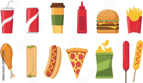 Fast Food Vector Illustration Set Featuring Flat Icons Of Burger Pizza Slice Hot Dog French Fries Soda Can And Fried Chicken