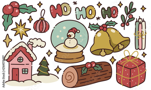 Vintage Hand Drawn Christmas Doodle Element with House, Bell and Gift Box