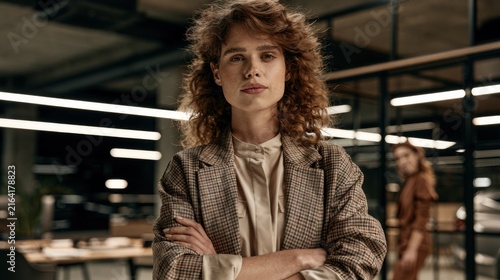 Confident Businesswoman with Curly Hair Standing in Office