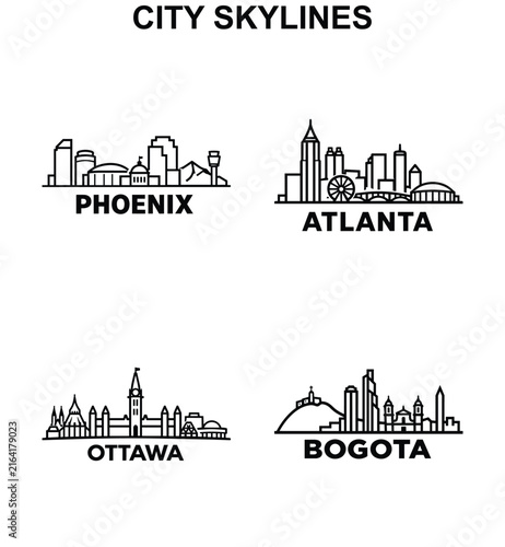 Phoenix, Atlanta, Ottawa and Bogota city skylines with desert mountains, skyscrapers, Ferris wheel, parliament tower, churches and hilltop monument