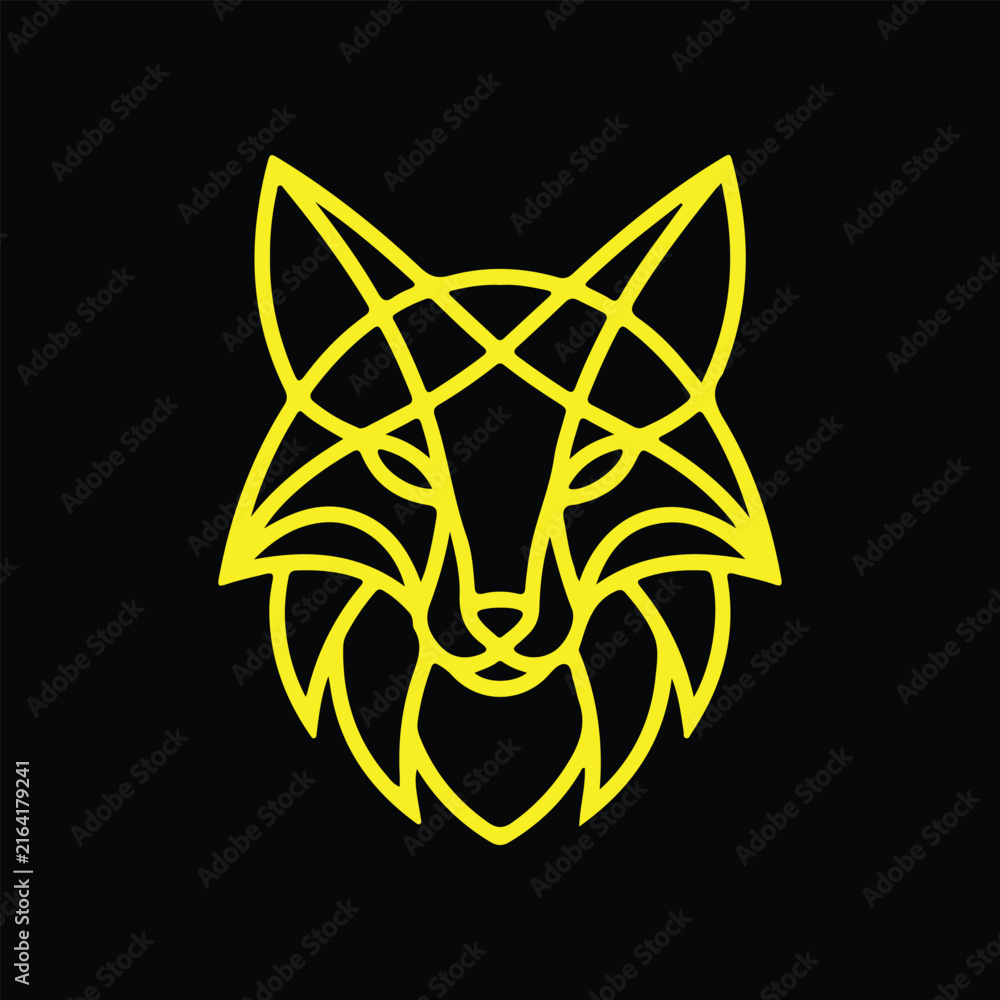 Fototapeta premium Geometric golden fox head outline on black background modern animal illustration