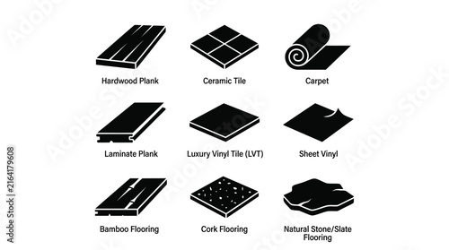 Flooring material types illustrated black icon set.