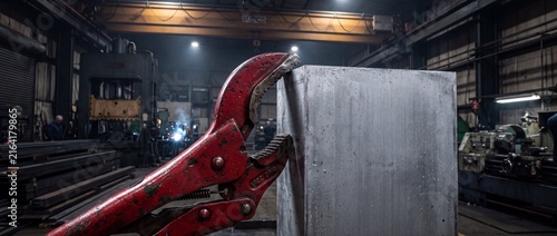 Red heavy duty locking pliers grip raw aluminum metal block in industrial machine shop background with welding sparks and overhead crane