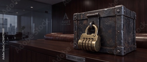 Old iron chest with brass combination lock on office desk secures confidential company assets and financial records in corporate setting