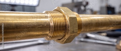 Close up view of threaded brass pipe joint with hexagonal nut showing precise metallic coupling for plumbing or industrial applications