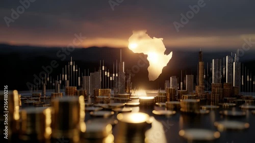 Africa Silhouette Glowing at Sunset Over Abstract Financial Cityscape With Coins