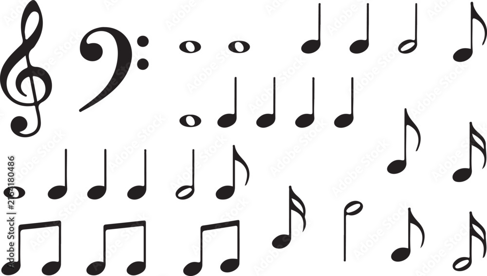 Fototapeta premium Black music notes vector set, classic musical notation symbols, treble and bass clef icons for song sheets and education
