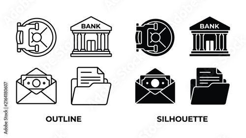 Bank Icon Set: A collection of outline and silhouette icons representing a bank building, vault, envelope with money, and file folder, symbolizing financial services and security.