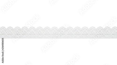 White scalloped lace trim with floral and geometric openwork patterns on plain white background