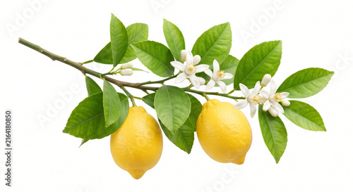 Fresh Lemons with Green Leaves and White Citrus Blossoms Isolated on White Background