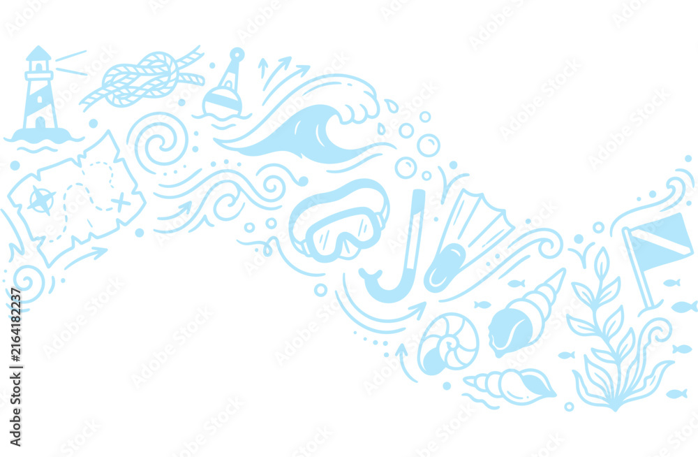 Fototapeta premium Beach Souvenir Hand Drawn Doodle Collection, Coastal Travel Elements Vector Illustration