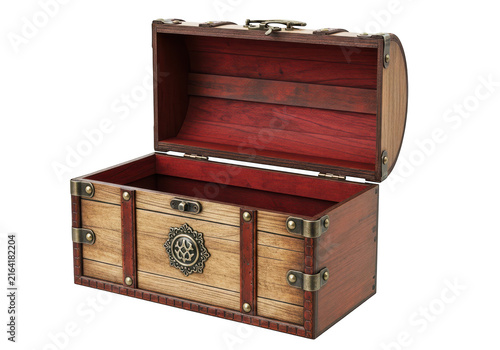 Quadro su tela Antique wooden treasure chest with brass fittings and red interior for storing valuables and pirate loot for adventure