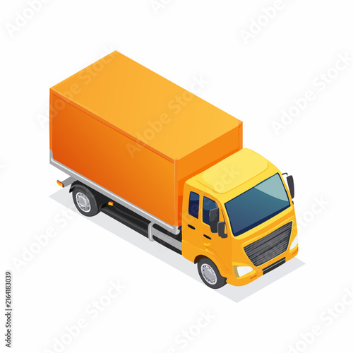 Bright yellow box truck with orange cargo container for logistics and delivery services