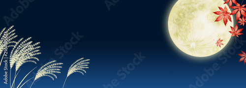 Plakat 十五夜 お月見 背景 夜空 もみじ 水彩 イラスト