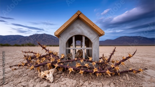 Conceptual miniature house with thorns and bones in a desert landscape