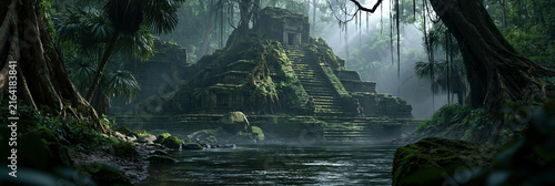 lost ancient stone temple ruin in the amazon rainforest, mysterious stepped temple ruins beside a jungle river, ancient overgrown temple hidden in the tropical rainforest